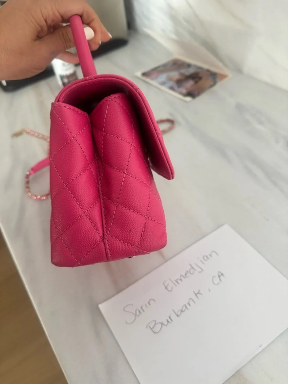 CHANEL Hot Pink Quilted caviar  Top-Handle Mini Bag with Chain Strap - Picture 7 of 16